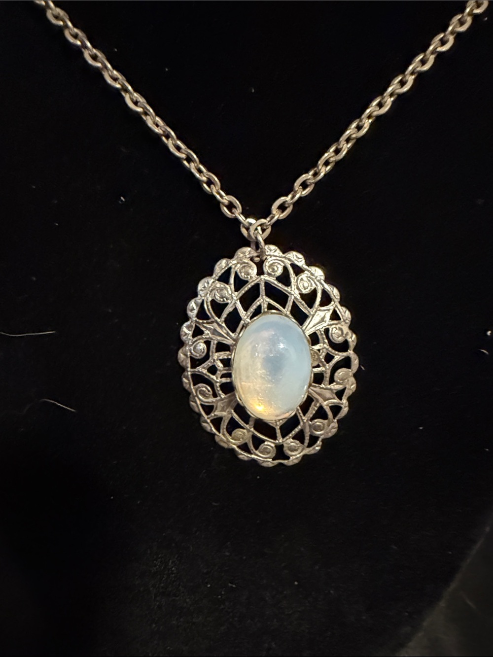 Sterling Silver Filigree Pendant Necklace with Moonstone Oval Cabochon - White